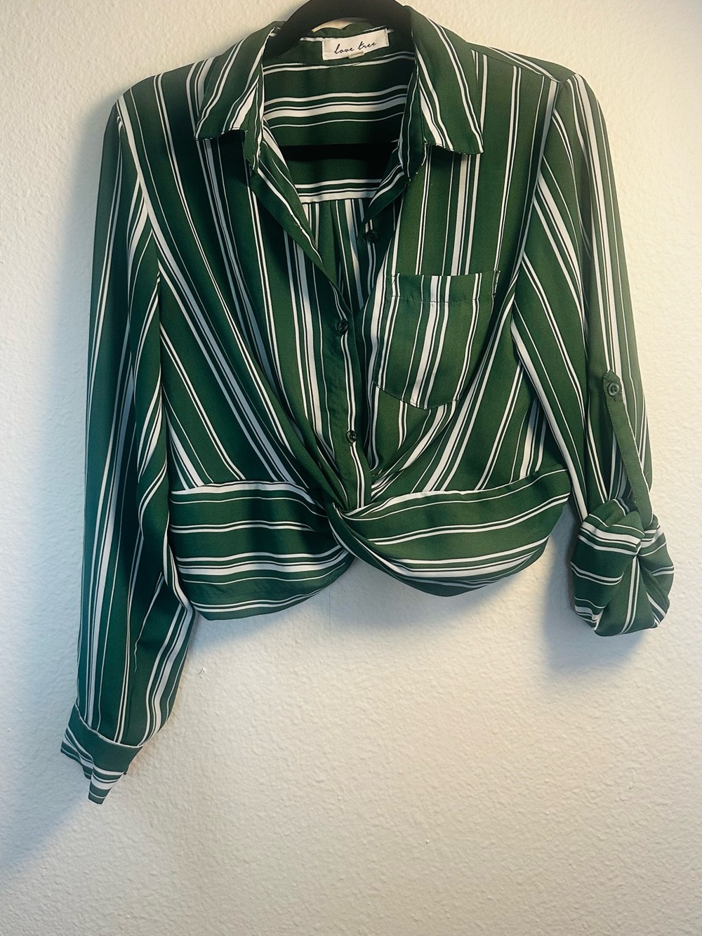 Love Tree Emerald Green Striped Twist-Front Button Down Shirt